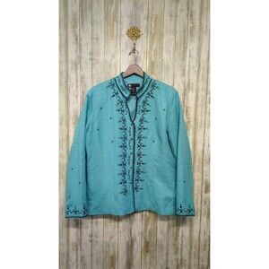 Carole Little 100% Silk Blue Embroidered Jacket Art Wear Button Up Size Large